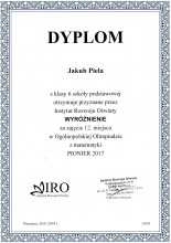 Wyróżnienie w Ogólnopolskiej Olimpiadzie z matematyki Pionier 2017